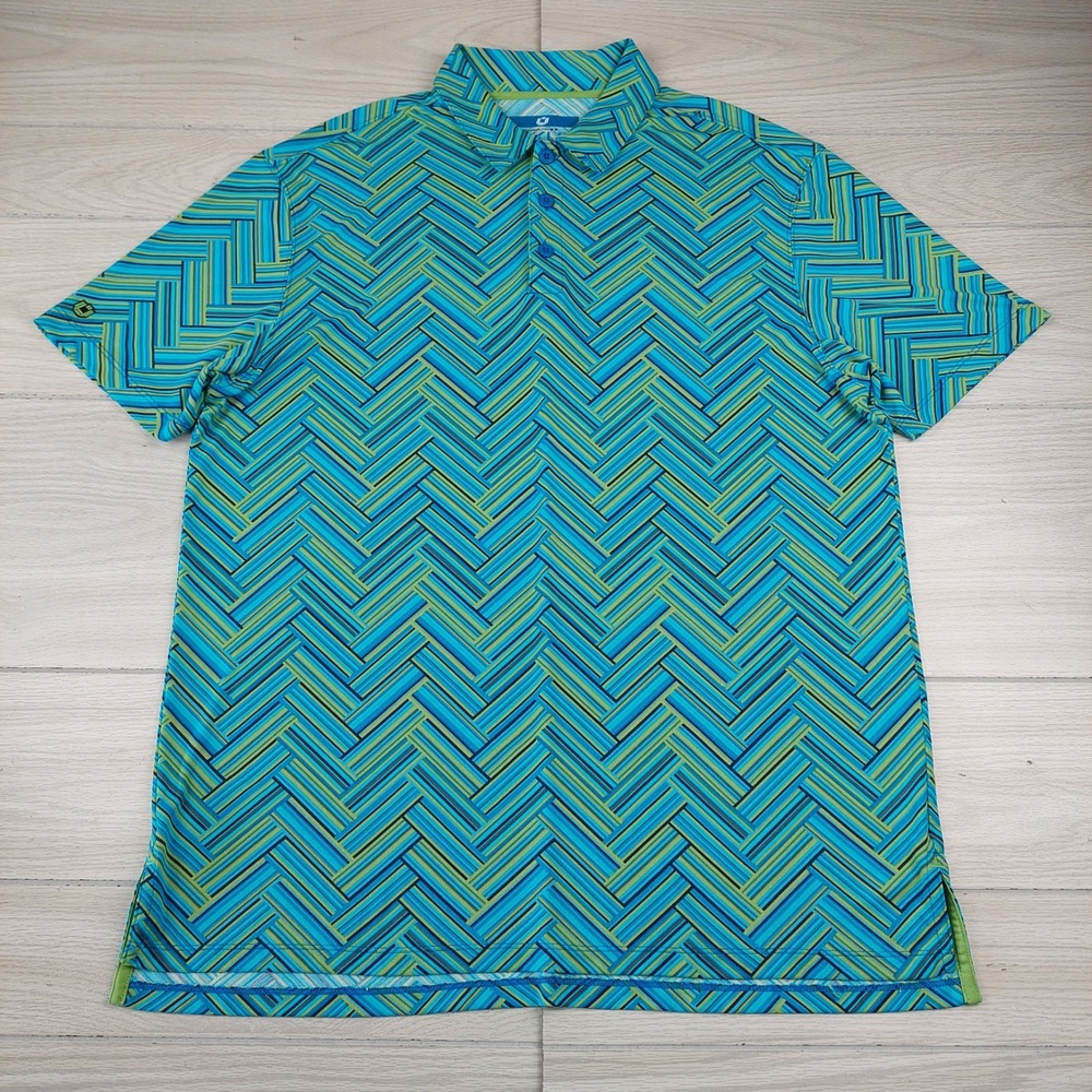 IBKUL Polo Shirt Mens Large Blue Green Geometric Icefil Cooling UPF 50 Short Slv